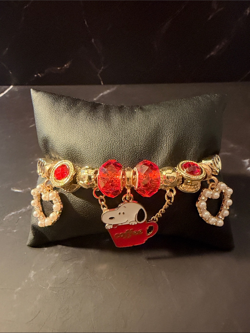 Gold-Tone Red Crystal Charm Bracelet with Snoopy Coffee Cup Charm
